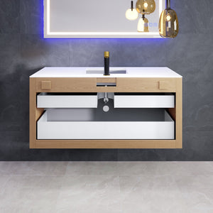 Mosaic 49 in. Natural Oak Wall Mount Single Sink Bath Vanity with Solid Surface Top and Integrated Sink