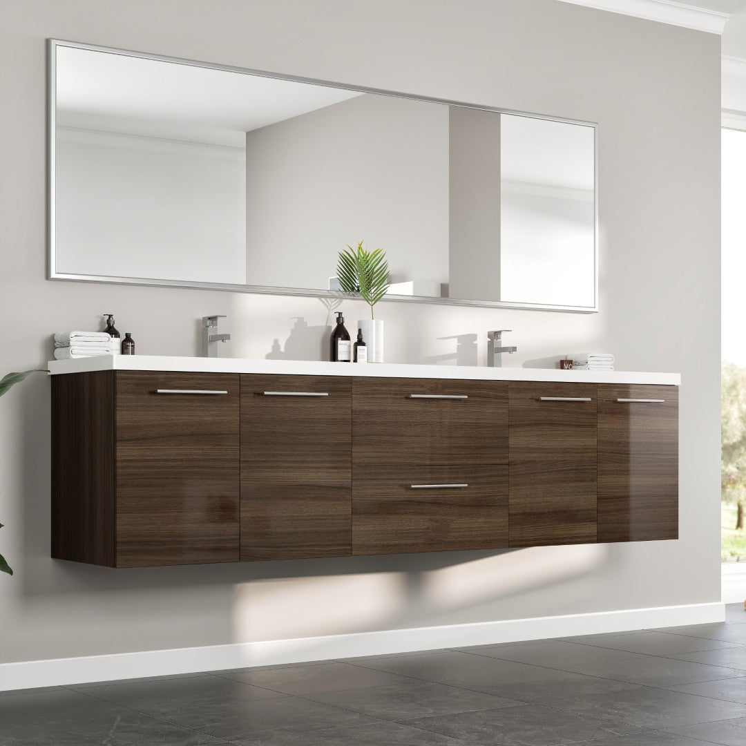 Lumina 84 in. Gray Oak Wall Mount Double Sink  Bath Vanity with Acrylic Top and Integrated Sinks