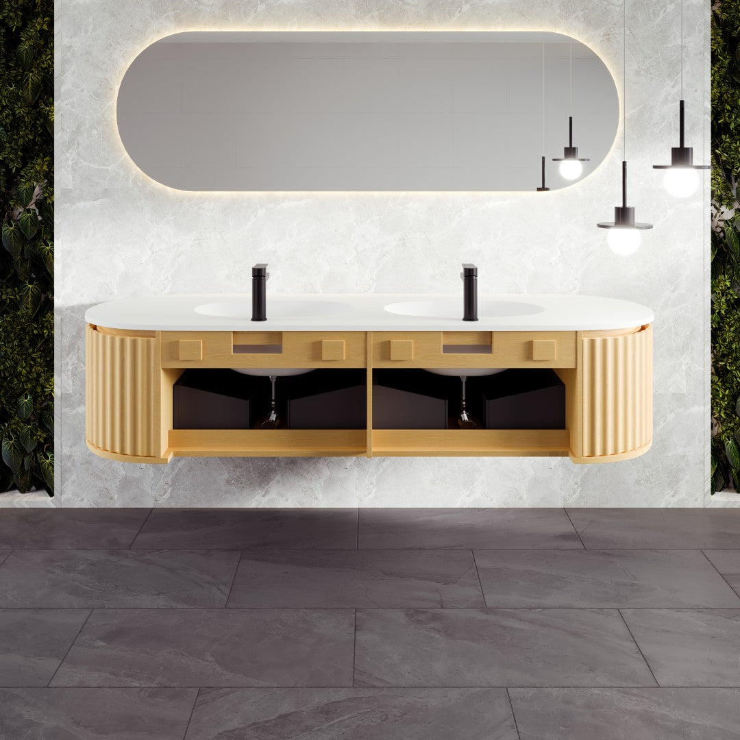 Haven 71 in. Natural Oak Wall Mount Double Sink  Bath Vanity with Solid Surface Top and Integrated Sinks
