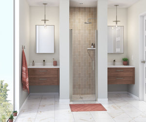 MAAX 138261-900-305-100 Manhattan 25-27 x 68 in. 6 mm Pivot Shower Door for Alcove Installation with Clear glass & Round Handle in Brushed Nickel