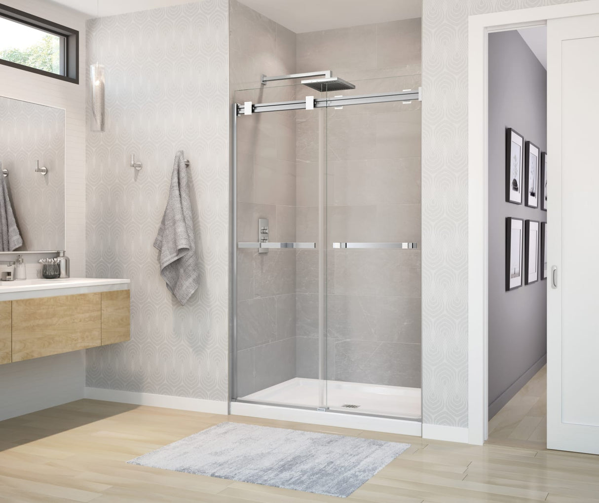 MAAX 136272-900-280-000 Duel 56-58 ½ x 70 ½-74 in. 8 mm Bypass Shower Door for Alcove Installation with Clear glass in Chrome & Matte White