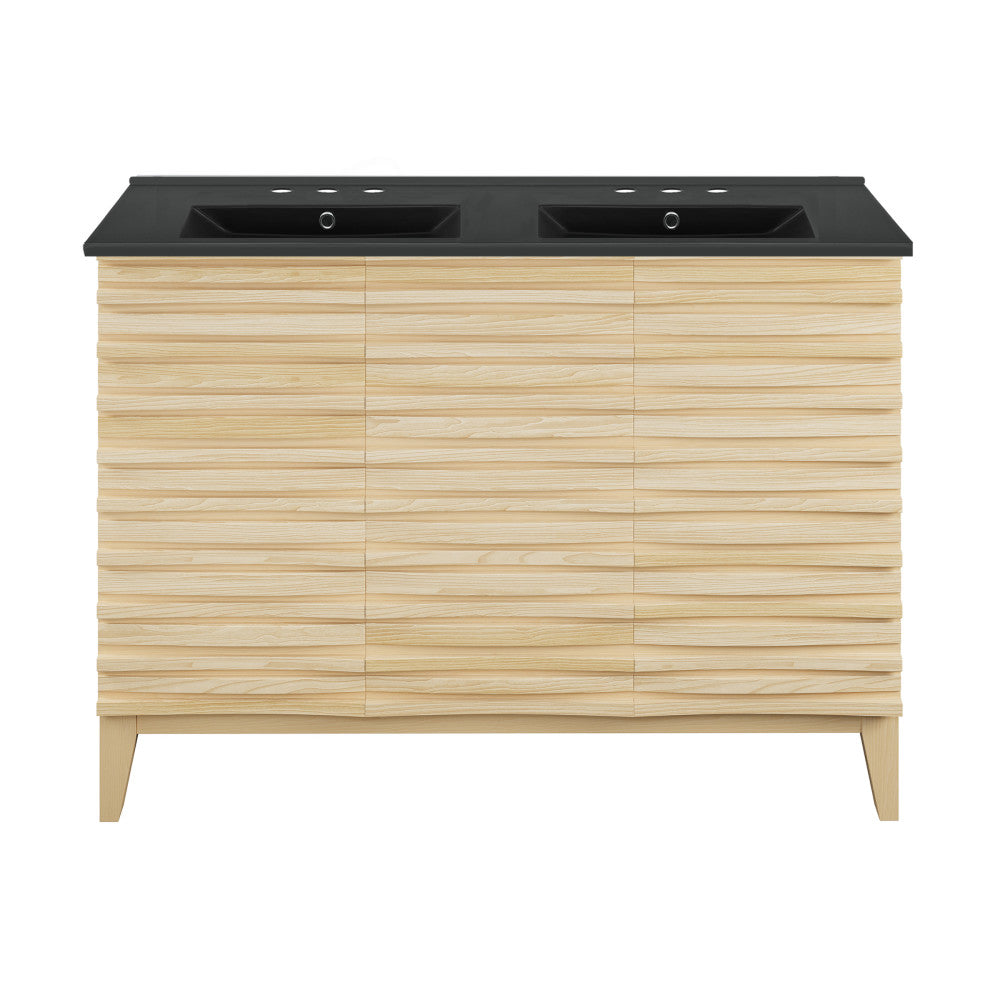 Cascade 48 in. Natural Oak, Double Basin Bathroom Vanity With Black, 3-Hole Ceramic Sink Top