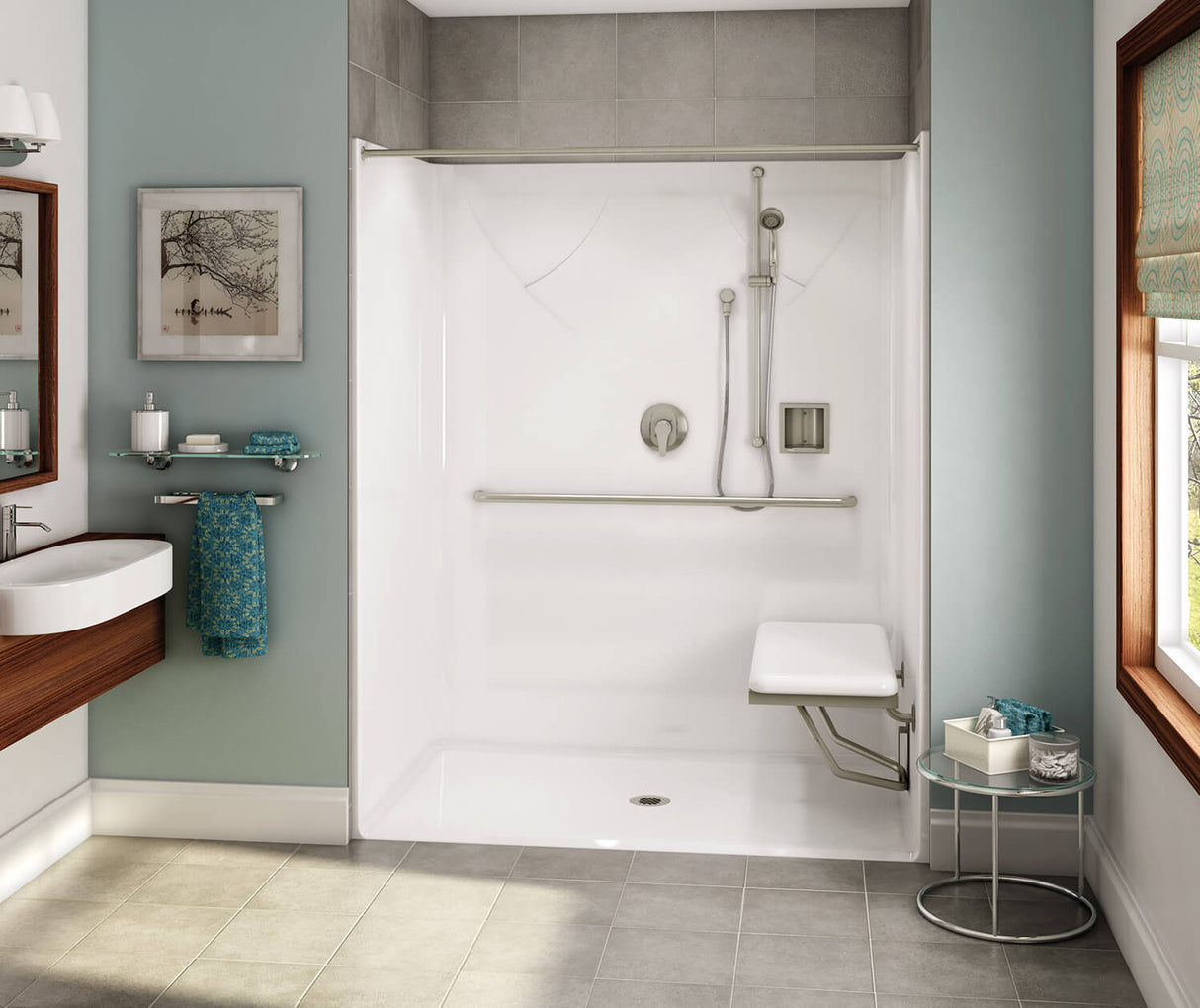 Aker OPS-6036 AcrylX Alcove Center Drain One-Piece Shower in White - MASS Grab Bar and Seat