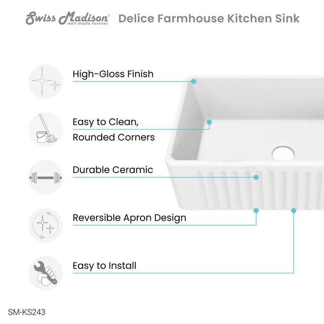 Delice 30 x 18 Ceramic, Farmhouse Kitchen Sink with Apron