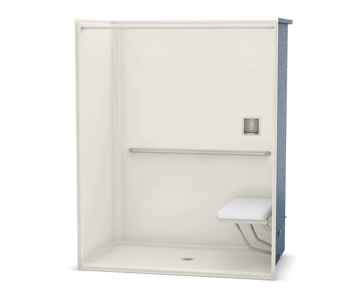 Aker OPS-6036-RS AcrylX Alcove Center Drain One-Piece Shower in Biscuit - MASS Grab Bar and Seat