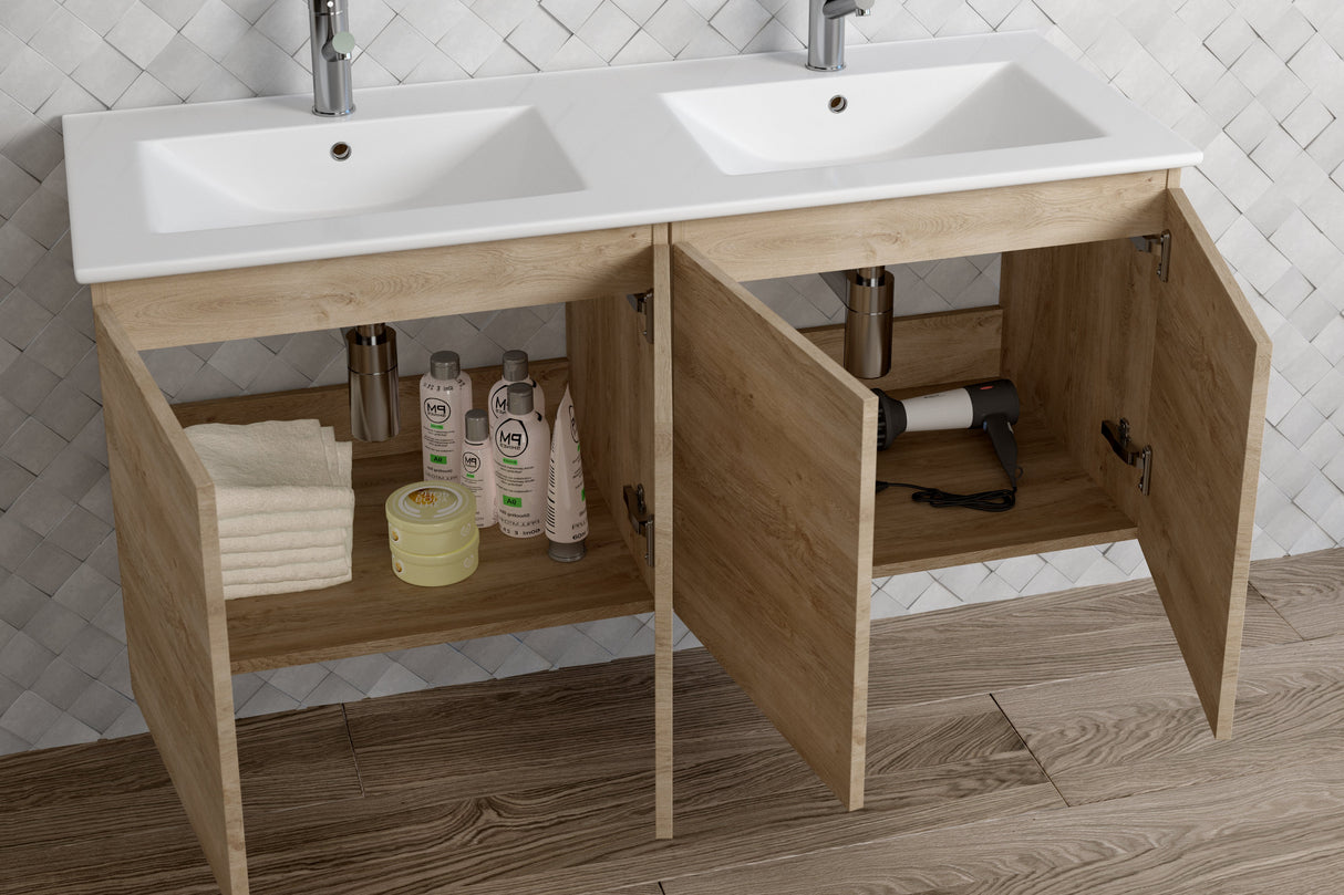 DAX Malibu Engineered Wood and Porcelain Onix Basin with Double Vanity Cabinet, 48", Oak DAX-MAL014814-ONX