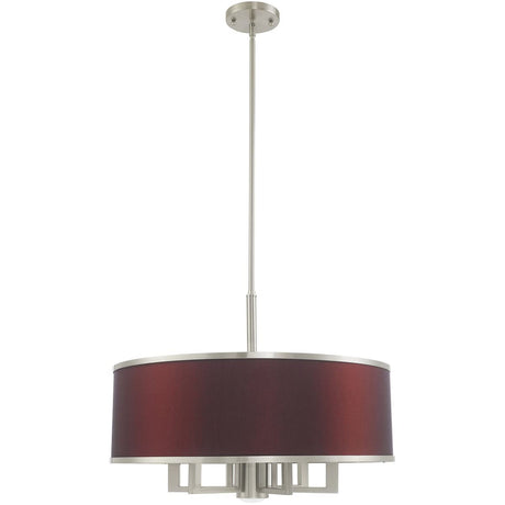 Livex Lighting 60416-91 Park Ridge - Seven Light Chandelier, Brushed Nickel Finish with Red Wine Fabric Shade