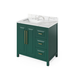 Jeffrey Alexander VKITCAD36GNCQR 36" Forest Green Cade Vanity, left offset, Calacatta Vienna Quartz Vanity Top, undermount rectangle bowl