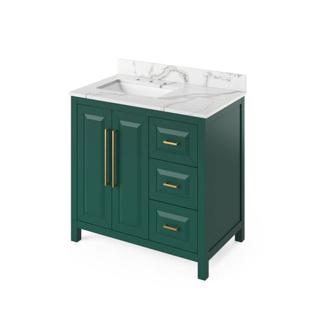 Jeffrey Alexander VKITCAD36GNCQR 36" Forest Green Cade Vanity, left offset, Calacatta Vienna Quartz Vanity Top, undermount rectangle bowl