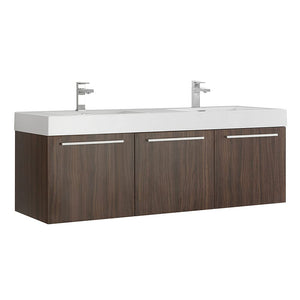 Fresca FCB8093GW-D-I Fresca Vista 60" Walnut Wall Hung Double Sink Modern Bathroom Cabinet w/ Integrated Sink