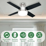 Hunter Fan Dempsey Low Profile Ceiling Fans with Lights and Remote, Flush Mount Ceiling Fan with Lights, Metal, Brushed Nickel Finish, 44 Inch LED