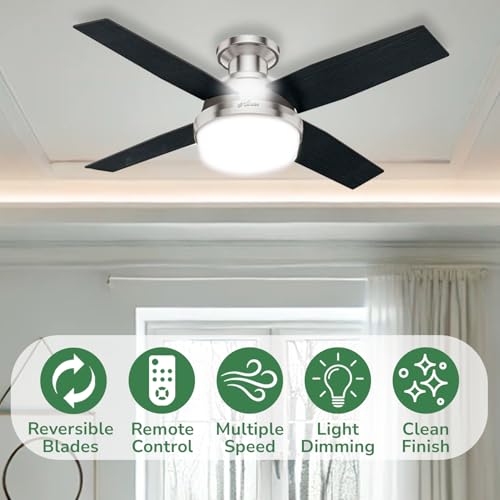 Hunter Fan Dempsey Low Profile Ceiling Fans with Lights and Remote, Flush Mount Ceiling Fan with Lights, Metal, Brushed Nickel Finish, 44 Inch LED