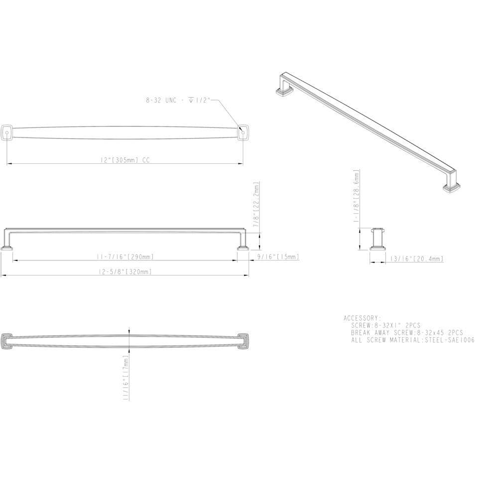 Jeffrey Alexander 171-305DBAC 305 mm Center-to-Center Brushed Oil Rubbed Bronze Richard Cabinet Pull