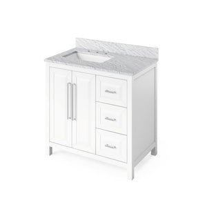 Jeffrey Alexander VKITCAD36WHWCR 36" White Cade Vanity, left offset, White Carrara Marble Vanity Top, undermount rectangle bowl