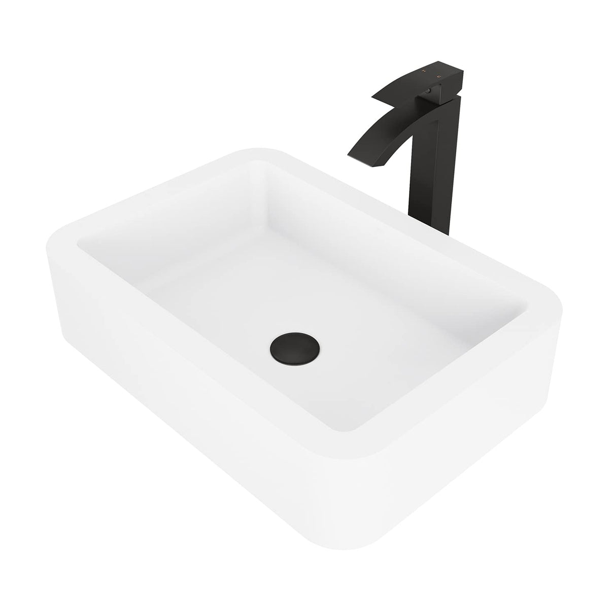 VIGO VGT1005 15.75" L -22.75" W -12.0" H Handmade Matte Stone Rectangle Vessel Bathroom Sink Set in Matte White Finish with Matte Black Single-Handle Single Hole Faucet and Pop Up Drain