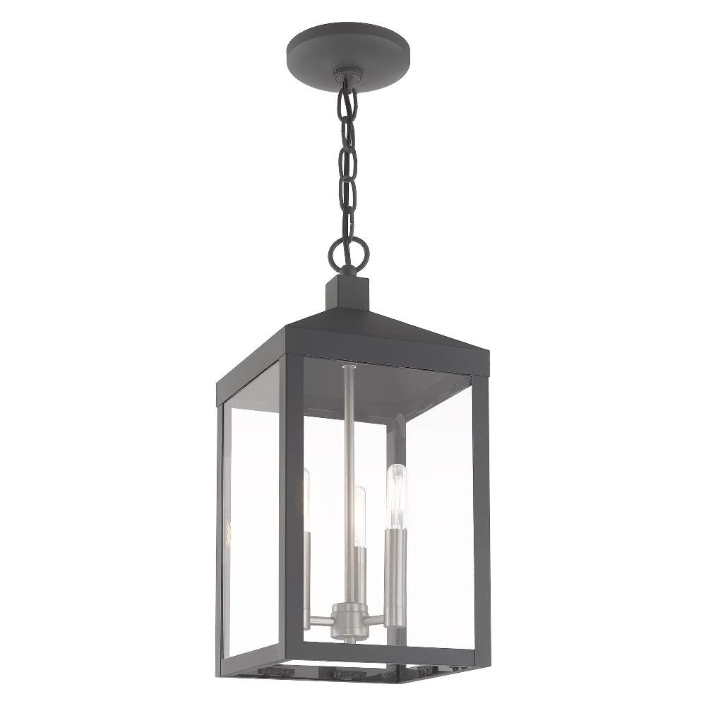 Livex Lighting 20593-80 Nyack - 18.5" Three Light Outdoor Hanging Lantern, Nordic Gray Finish with Clear Glass