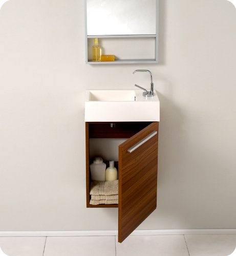 Fresca FVN8002TK Fresca Pulito 16" Small Teak Modern Bathroom Vanity w/ Tall Mirror