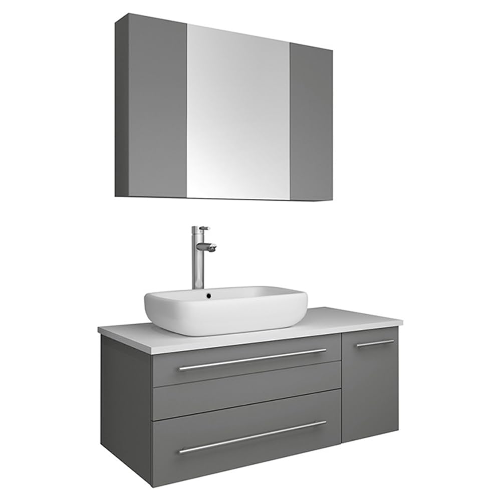 Fresca FVN6136GR-VSL-L Fresca Lucera 36" Gray Wall Hung Vessel Sink Modern Bathroom Vanity w/ Medicine Cabinet - Left Version