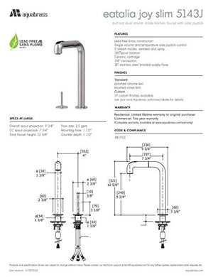 Aquabrass 5143J-PC Eatalia Joy Slim Pull-Out Dual Stream Mode Kitchen Faucet Polished Chrome