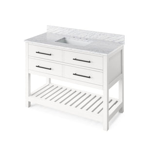 Jeffrey Alexander VKITWAV48WHWCR 48" White Wavecrest Vanity, White Carrara Marble Vanity Top, undermount rectangle bowl