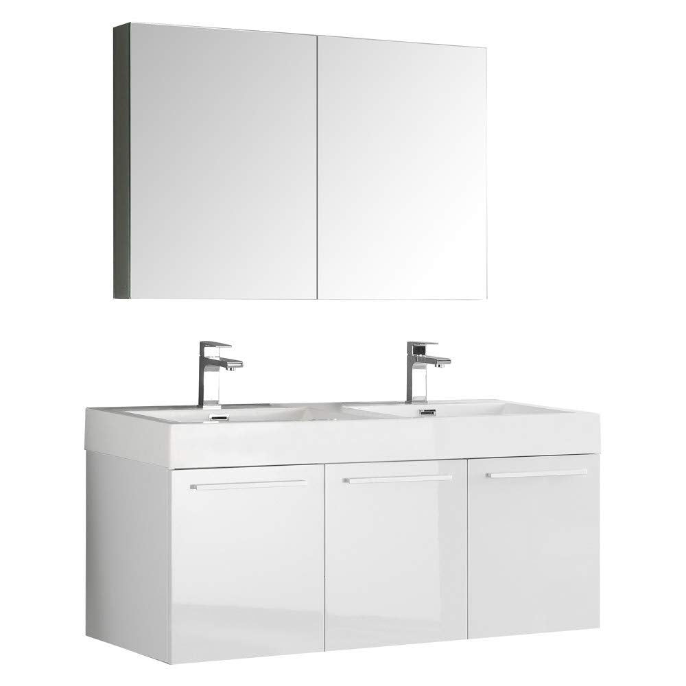 Fresca FVN8092WH-D Fresca Vista 48" White Wall Hung Double Sink Modern Bathroom Vanity w/ Medicine Cabinet