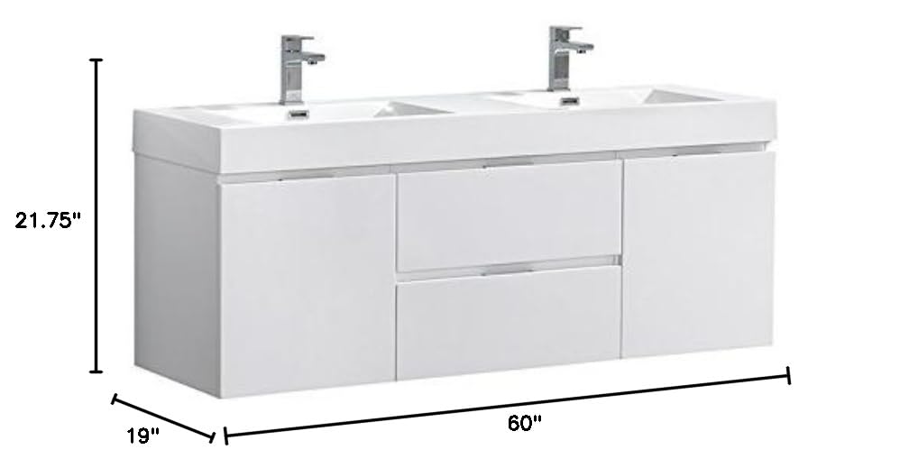 Fresca FCB8360WH-D-I Fresca Valencia 60" Glossy White Wall Hung Double Sink Modern Bathroom Vanity