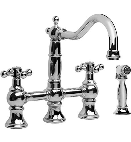 Canterbury Straight Double Handle Widespread Bridge Faucet with Side Spray Finish: Polished, Handle Type: Metal Cross Handles