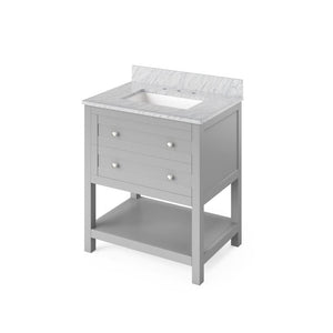 Jeffrey Alexander VKITAST30GRWCR 30" Grey Astoria Vanity, White Carrara Marble Vanity Top, undermount rectangle bowl