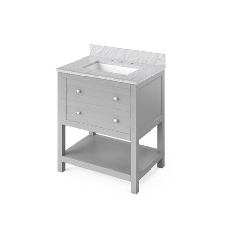Jeffrey Alexander VKITAST30GRWCR 30" Grey Astoria Vanity, White Carrara Marble Vanity Top, undermount rectangle bowl