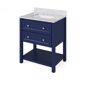 Jeffrey Alexander VKITADL30BLWCR 30" Hale Blue Adler Vanity, White Carrara Marble Vanity Top, undermount rectangle bowl