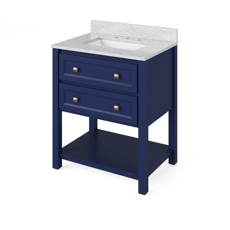 Jeffrey Alexander VKITADL30BLWCR 30" Hale Blue Adler Vanity, White Carrara Marble Vanity Top, undermount rectangle bowl