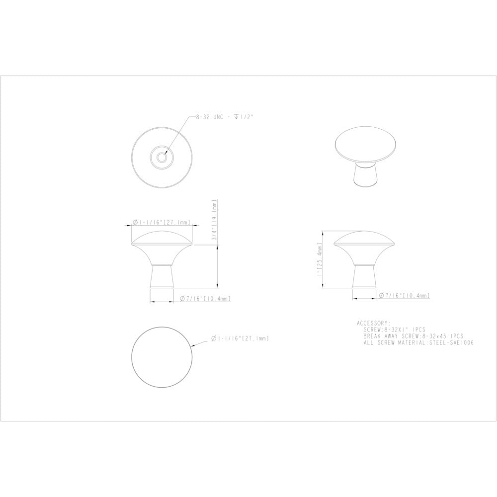 Elements 988MB 1-1/16" Diameter Matte Black Zachary Cabinet Mushroom Knob