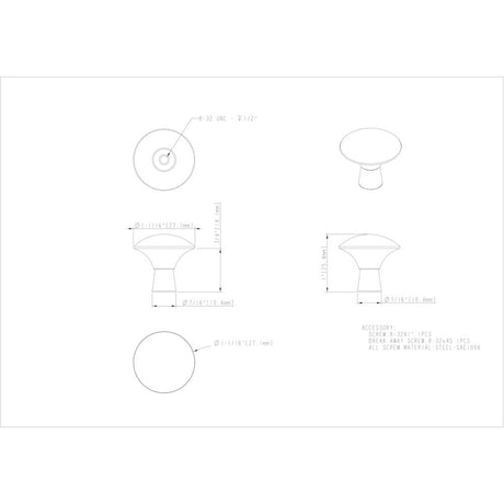Elements 988MB 1-1/16" Diameter Matte Black Zachary Cabinet Mushroom Knob
