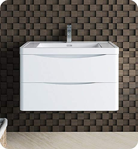 Fresca FCB9032WH-I Fresca Tuscany 32" Glossy White Wall Hung Modern Bathroom Cabinet w/ Integrated Sink