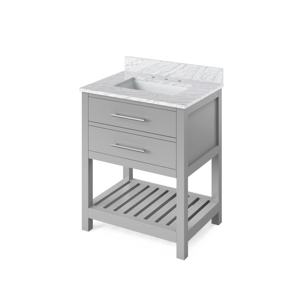 Jeffrey Alexander VKITWAV30GRWCR 30" Grey Wavecrest Vanity, White Carrara Marble Vanity Top, undermount rectangle bowl