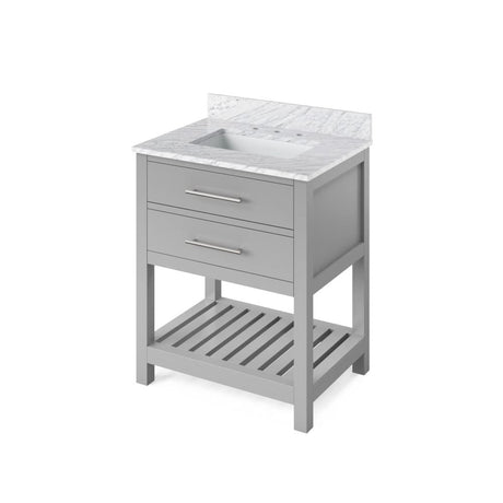 Jeffrey Alexander VKITWAV30GRWCR 30" Grey Wavecrest Vanity, White Carrara Marble Vanity Top, undermount rectangle bowl