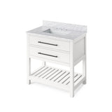 Jeffrey Alexander VKITWAV36WHWCR 36" White Wavecrest Vanity, White Carrara Marble Vanity Top, undermount rectangle bowl