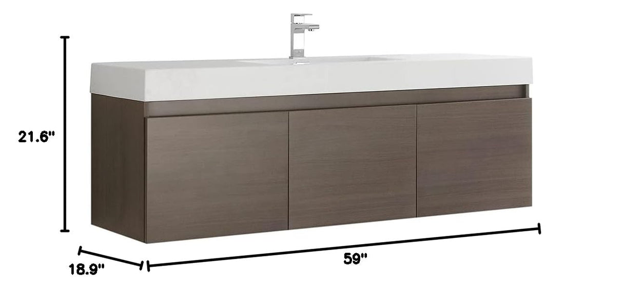 Fresca FCB8041GO-I Fresca Mezzo 60" Gray Oak Wall Hung Single Sink Modern Bathroom Cabinet w/ Integrated Sink