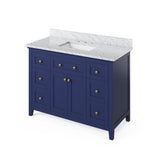 Jeffrey Alexander VKITCHA48BLWCR 48" Hale Blue Chatham Vanity, White Carrara Marble Vanity Top, undermount rectangle bowl