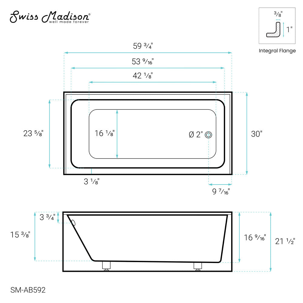 Voltaire 60" X 30" Right-Hand Drain Alcove Bathtub with Apron