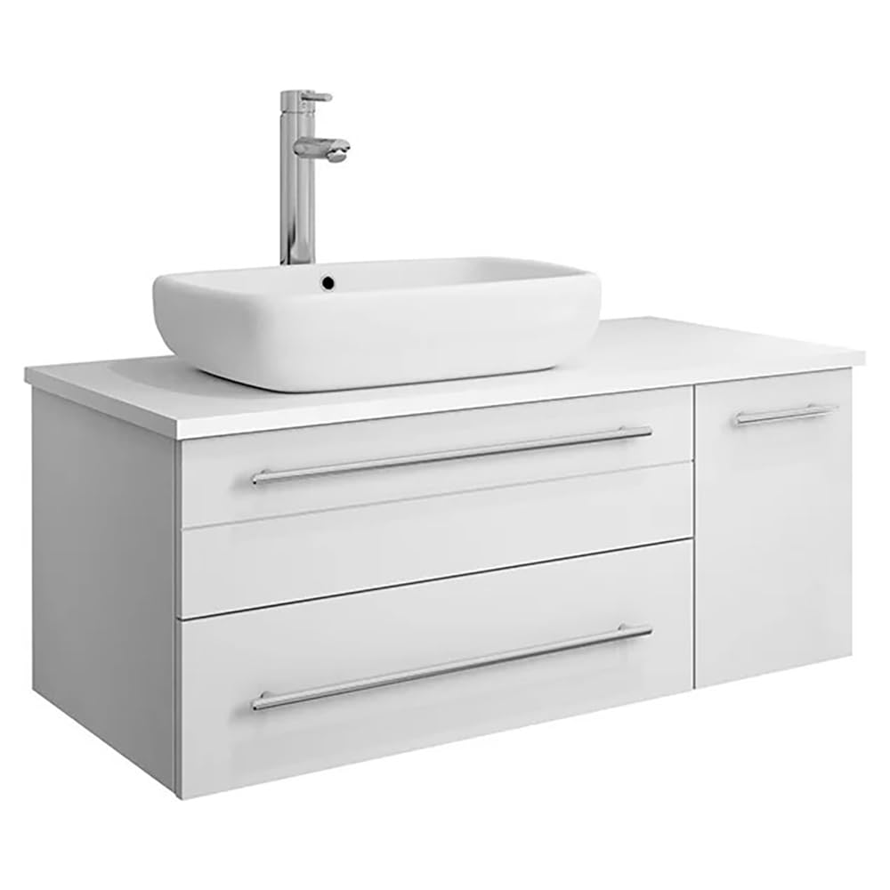 Fresca FCB6136WH-VSL-L-CWH-V Fresca Lucera 36" White Wall Hung Modern Bathroom Cabinet w/ Top & Vessel Sink - Left Version