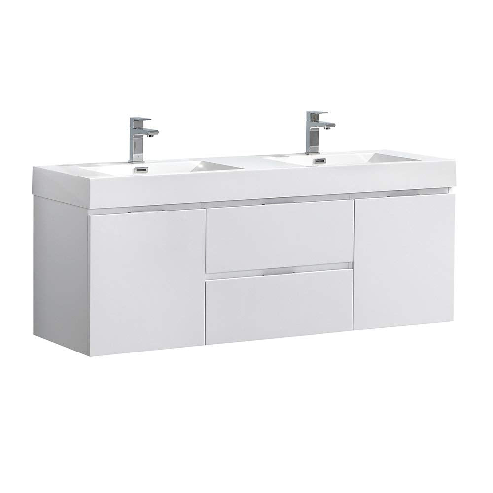 Fresca FCB8360WH-D-I Fresca Valencia 60" Glossy White Wall Hung Double Sink Modern Bathroom Vanity