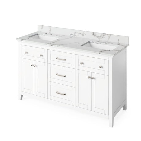 Jeffrey Alexander VKITCHA60WHCQR 60" White Chatham Vanity, double bowl, Calacatta Vienna Quartz Vanity Top, two undermount rectangle bowls