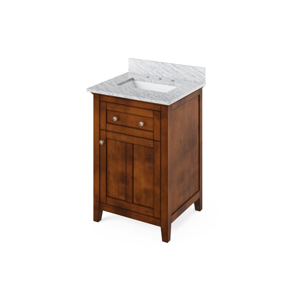 Jeffrey Alexander VKITCHA24CHWCR 24" Chocolate Chatham Vanity, White Carrara Marble Vanity Top, undermount rectangle bowl