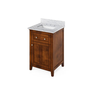 Jeffrey Alexander VKITCHA24CHWCR 24" Chocolate Chatham Vanity, White Carrara Marble Vanity Top, undermount rectangle bowl