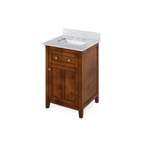 Jeffrey Alexander VKITCHA24CHWCR 24" Chocolate Chatham Vanity, White Carrara Marble Vanity Top, undermount rectangle bowl