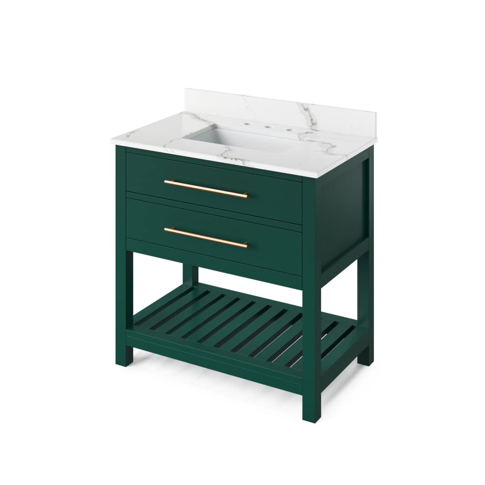 Jeffrey Alexander VKITWAV36GNCQR 36" Forest Green Wavecrest Vanity, Calacatta Vienna Quartz Vanity Top, undermount rectangle bowl