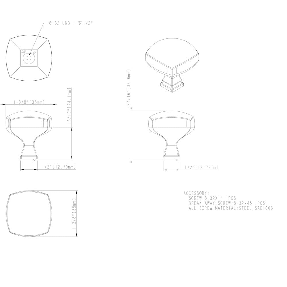Jeffrey Alexander 278L-SN 1-3/8" Overall Length Satin Nickel Square Audrey Cabinet Knob