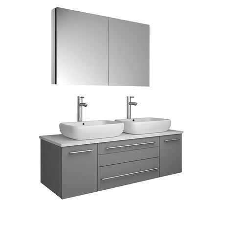 Fresca FVN6148WH-VSL-D Fresca Lucera 48" White Wall Hung Double Vessel Sink Modern Bathroom Vanity w/ Medicine Cabinet