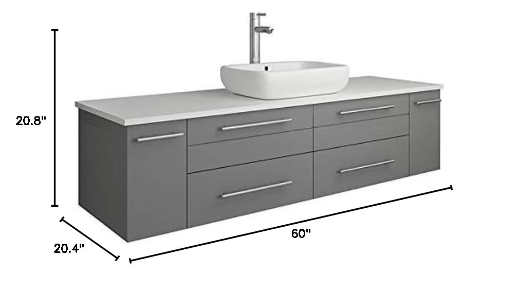 Fresca FCB6160GR-VSL-CWH-V Fresca Lucera 60" Gray Wall Hung Modern Bathroom Cabinet w/ Top & Single Vessel Sink